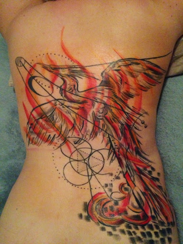 Colorful Flying Phoenix Tattoo With Geometric Pattern Tattoo On Girl Back