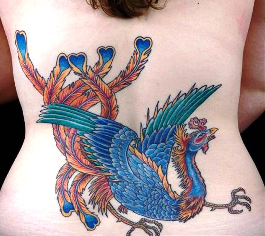 Colorful Girly Flying Phoenix Tattoo On Back