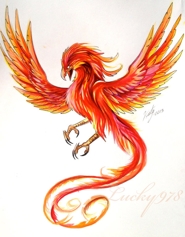 Colorful Orange Flying Angry Phoenix Tattoo Design