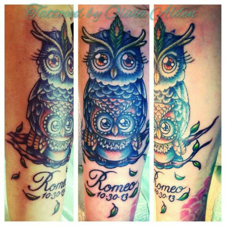 Colorful Owl and Baby Owl Tattoo With Date On Forearm