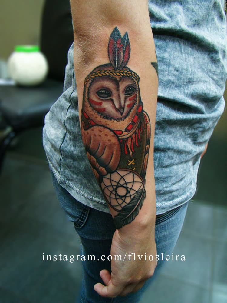 Colorful Traditional Style Decorated Barn Owl Tattoo On Outer Forearm