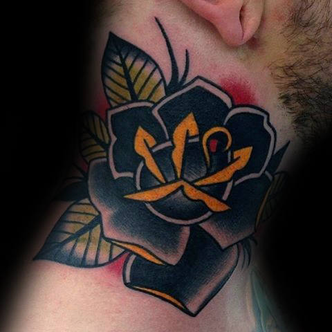 Colorful Traditional Black Rose Tattoo On Neck For Men
