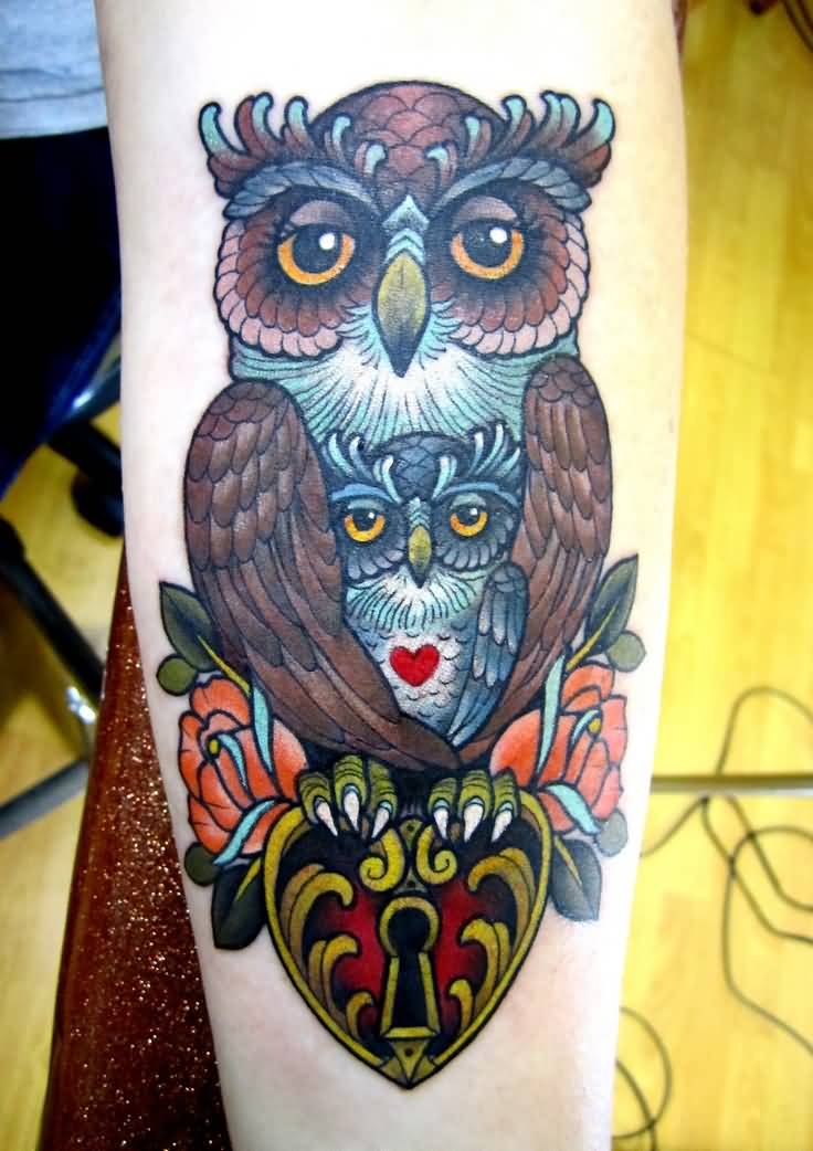 Colorful Traditional Mother & Baby Owl With Heart Lock And Roses Tattoo On Forearm