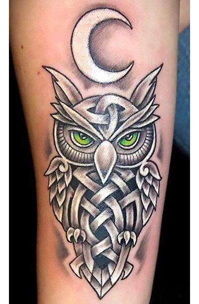Cool Green Eyed Celtic Owl With Half Moon Tattoo Design