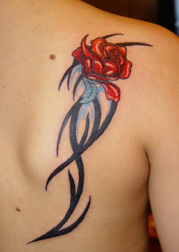 Cool Red Rose With Black Tribal Stem Tattoo Design On Side Back For Girls