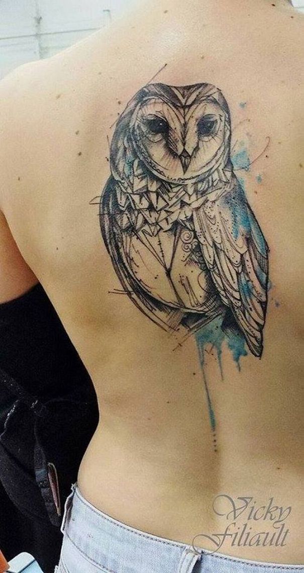 Cute Geometric Barn Owl Tattoo On Girl Back