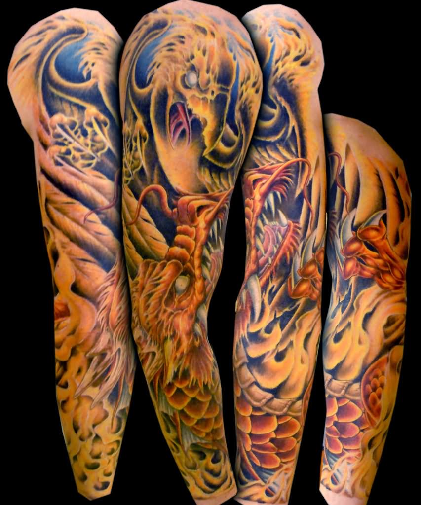 Dragon & Phoenix Tattoo On Full Sleeve
