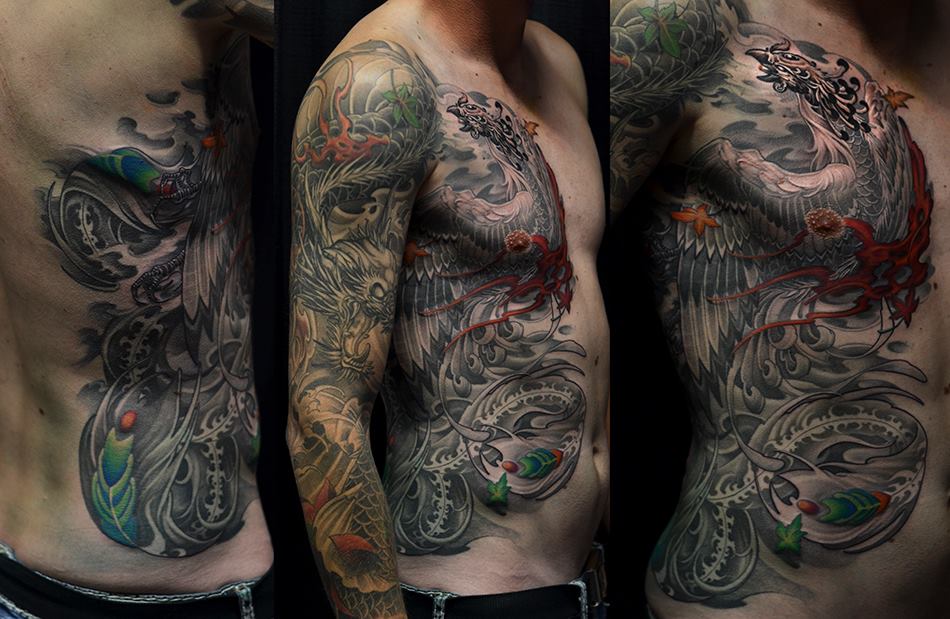 Dragon and Phoenix Tattoo On Full Sleeve & Side Body