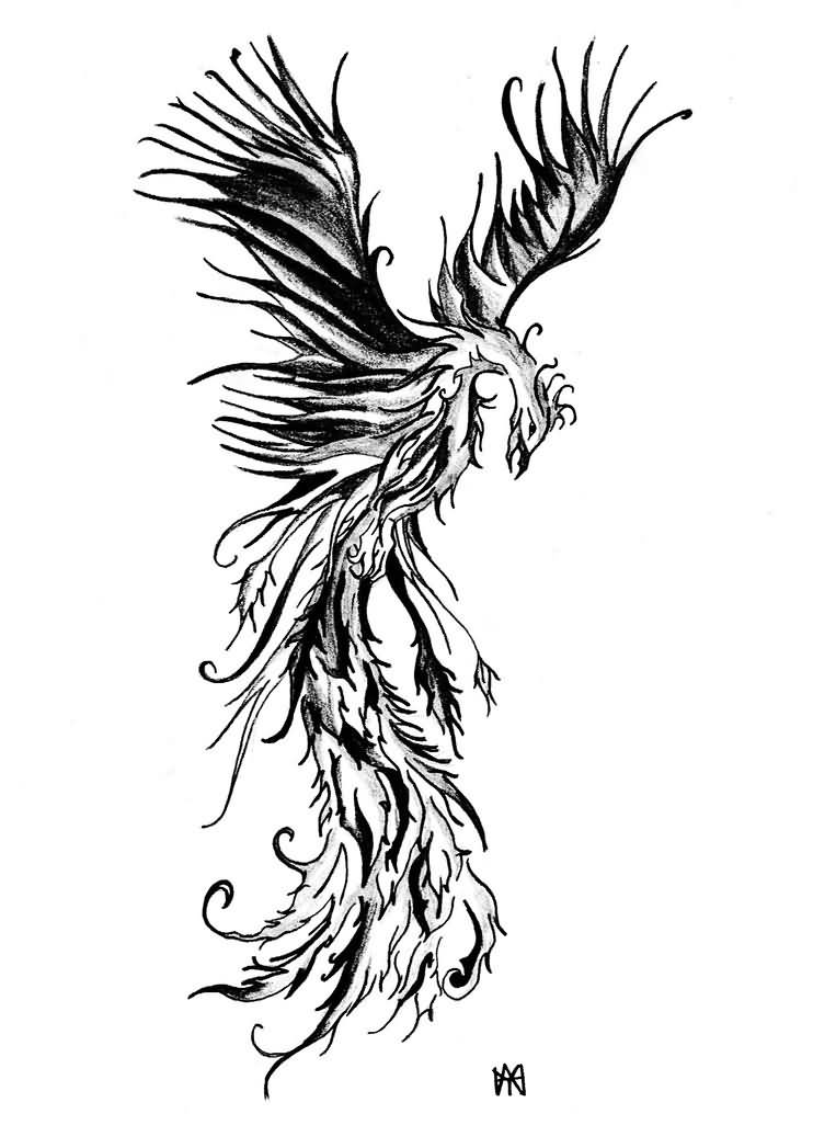 Fantastic Black Ink Flying Phoenix Tattoo Design