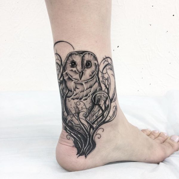 Fantastic Grey Ink Barn Owl Tattoo On Feet