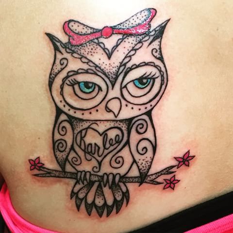 Feminine Black Outline Baby Owl With Pink Bow Tattoo Design