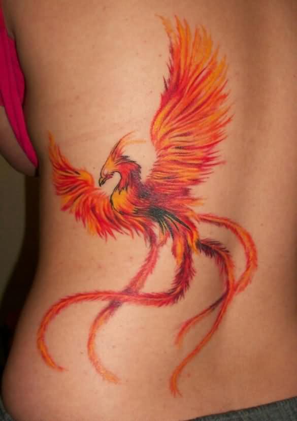 Feminine Orange Color Flying Phoenix Tattoo On Side Back