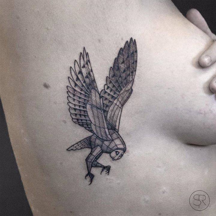 Geometrical Designed Barn Owl Tattoo On Side Rib For Girls
