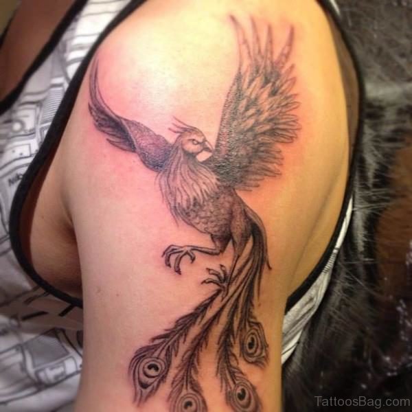 Grey Color Flying Phoenix Tattoo On Shoulder
