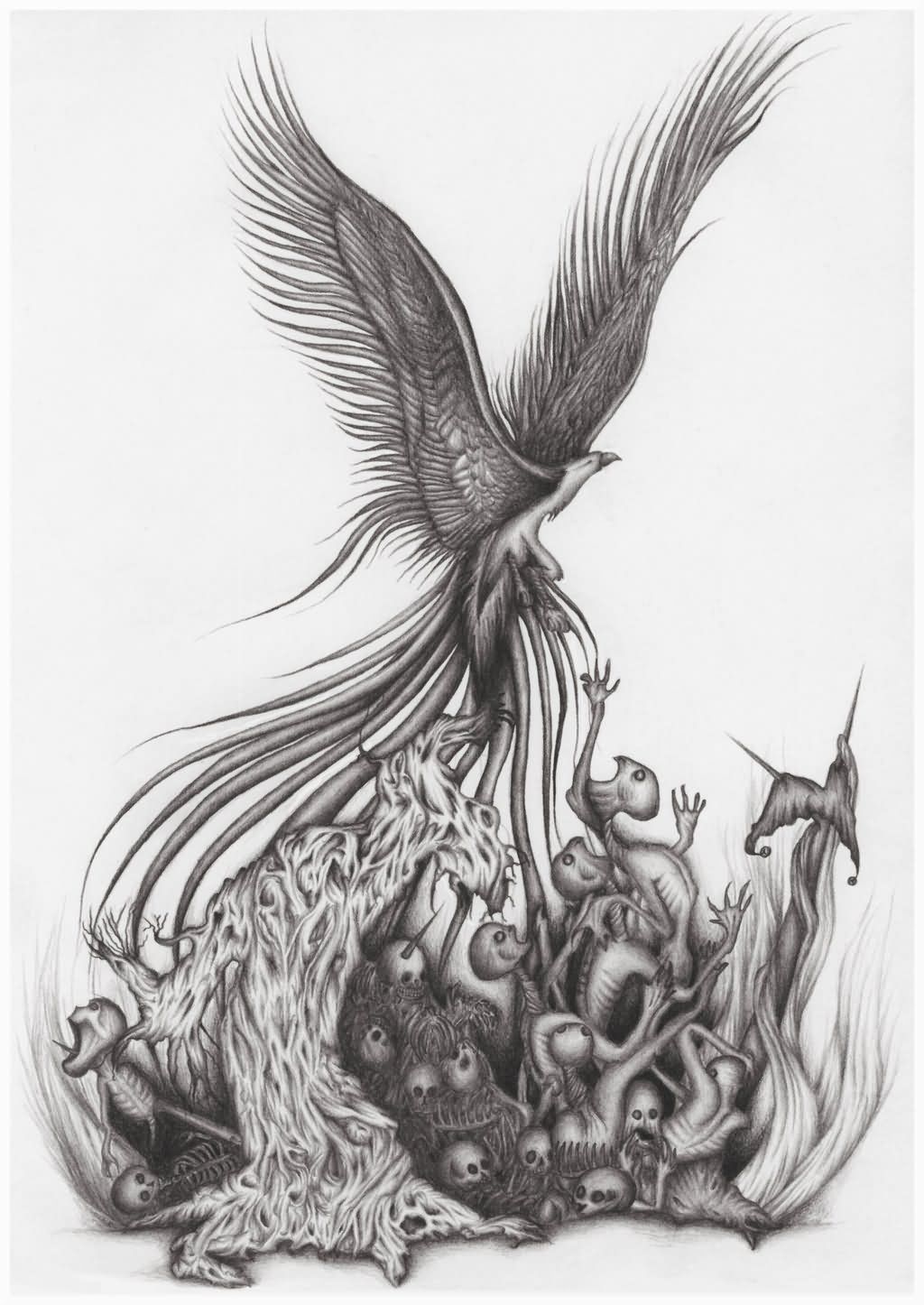 Grey Color Phoenix Arising From The Ashes Tattoo Design