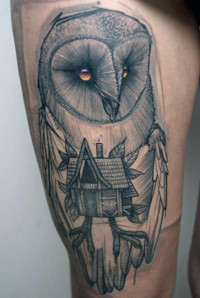 Grey Ink 3D Geometrical Barn Owl & House Tattoo On Thigh With Colorful Eyes