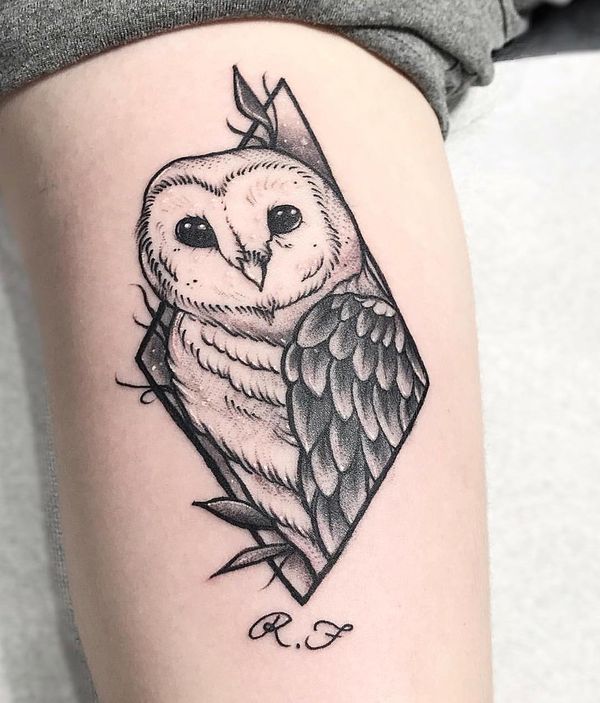 Grey Ink Barn Owl In Rhombus – Geometrical Tattoo Design On Thigh For Women