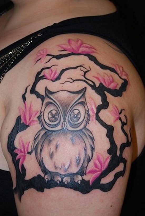 Grey Ink Cute Baby Owl With Branch & Pink Flowers Tattoo On Shoulder For Girls