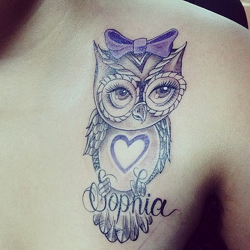 Grey Ink Cute Owl Princess Tattoo With Name Sophia On Chest Represents Father’s Love For Daughter