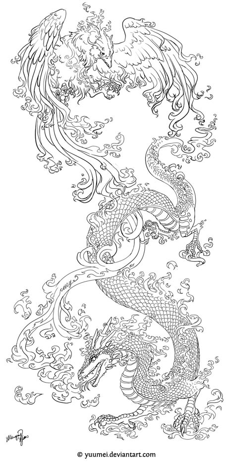 Grey Ink Dragon Vs Phoenix Tattoo Design