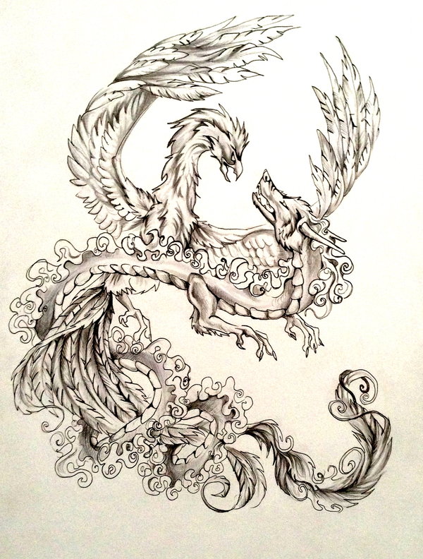Grey Ink Dragon and Phoenix Tattoo Design by Lucky978 On DeviantArt