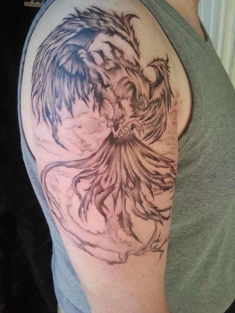 Grey Ink Flying Phoenix Tattoo On Shoulder & Sleeve
