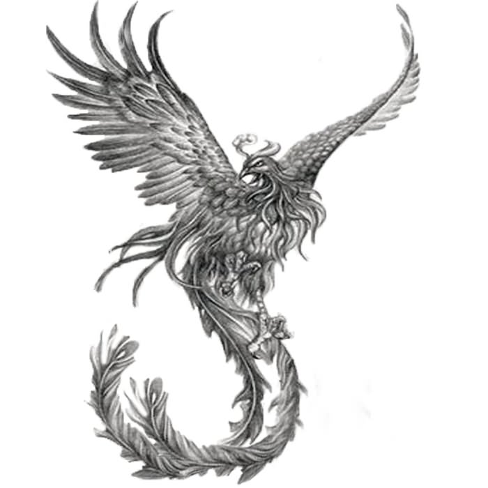 Grey Ink Realistic Flying Phoenix Tattoo Design
