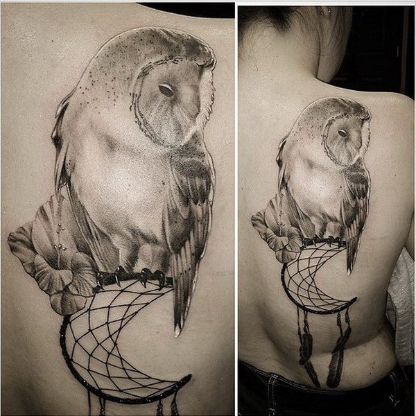 Grey & White Barn Owl With Black Dream-catcher Tattoo On Side Back