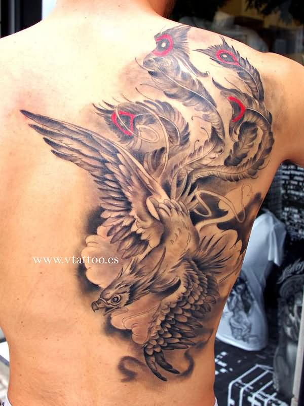 Impressive Grey Colored Realistic Flying Phoenix Tattoo On Back