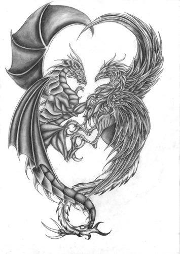Incredible Grey Ink Dragon and Phoenix Tattoo Sketch
