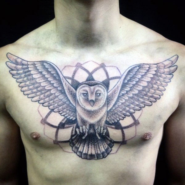 Marvelous Grey Ink Flying Barn Owl With Geometrical Design On Male Chest