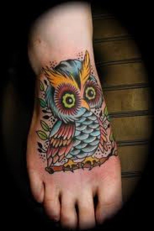 Mind Blowing Colorful Animated Baby Owl Tattoo On Foot