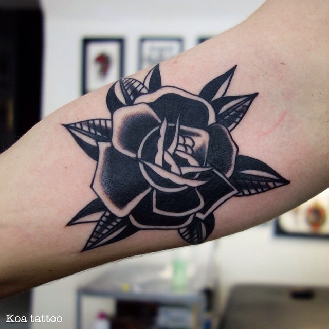 Old School Black Rose Tattoo On Forearm