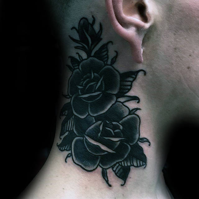 Old School Black Rose Tattoo On Guy’s Neck