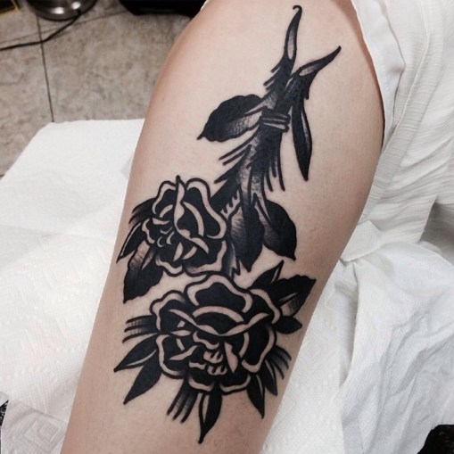 Old School Dark Black Rose Tattoo On Arm