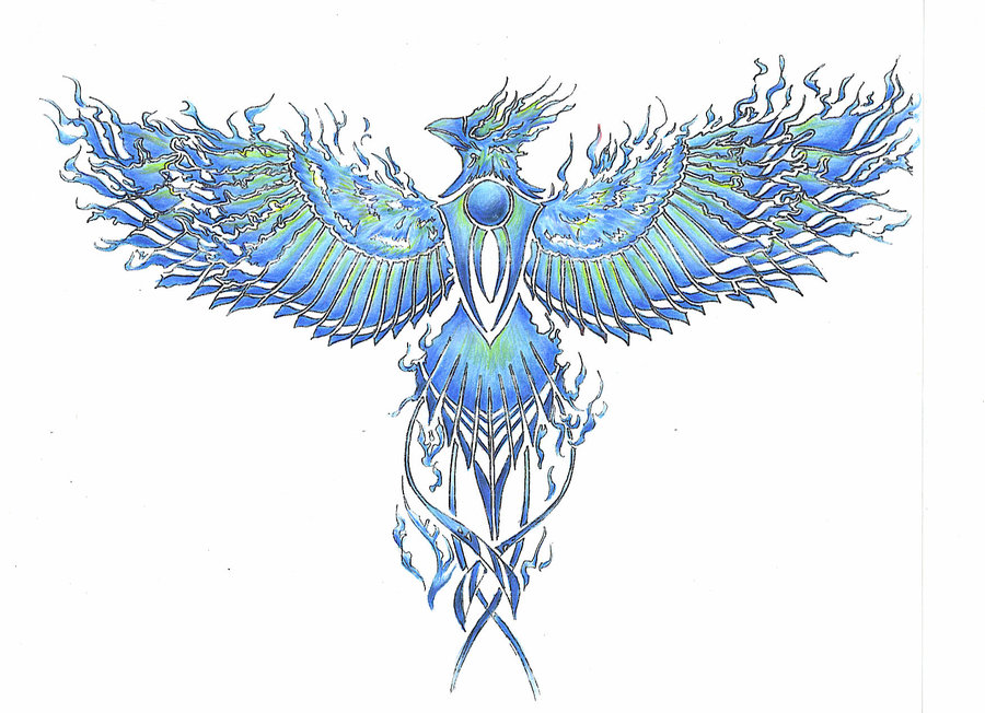 Open Winged Blue Flame Phoenix Tattoo Design by mnementh2000 On DeviantArt