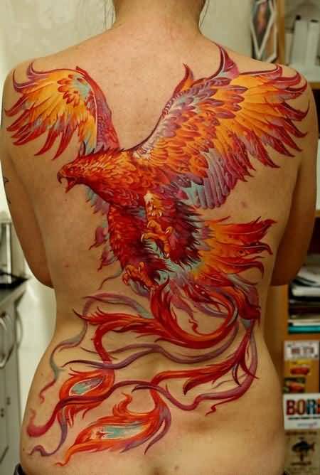 Orange & Yellow Colored Flying Phoenix Tattoo On Girl Full Back
