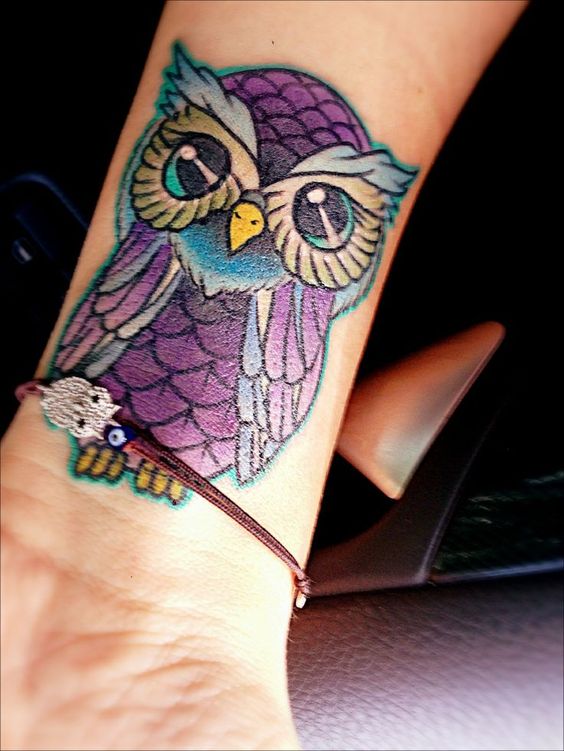 Purple Colorful Baby Owl Tattoo On Wrist For Girls