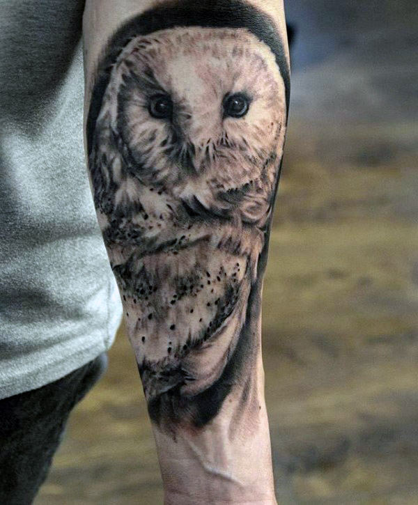 Ravishing Black & White Barn Owl Tattoo On Male Forearm