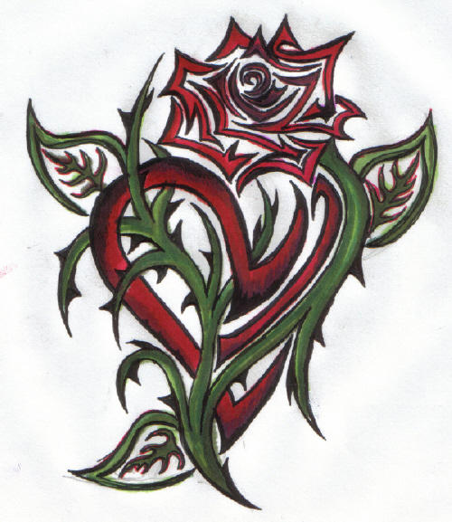 Red & Green Tribal Hearts and Roses Tattoo Design