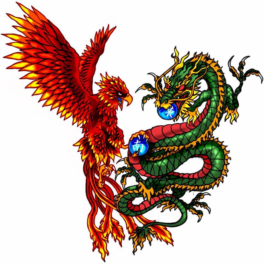 Red Yellow Phoenix Vs. Green Dragon Tattoo Design