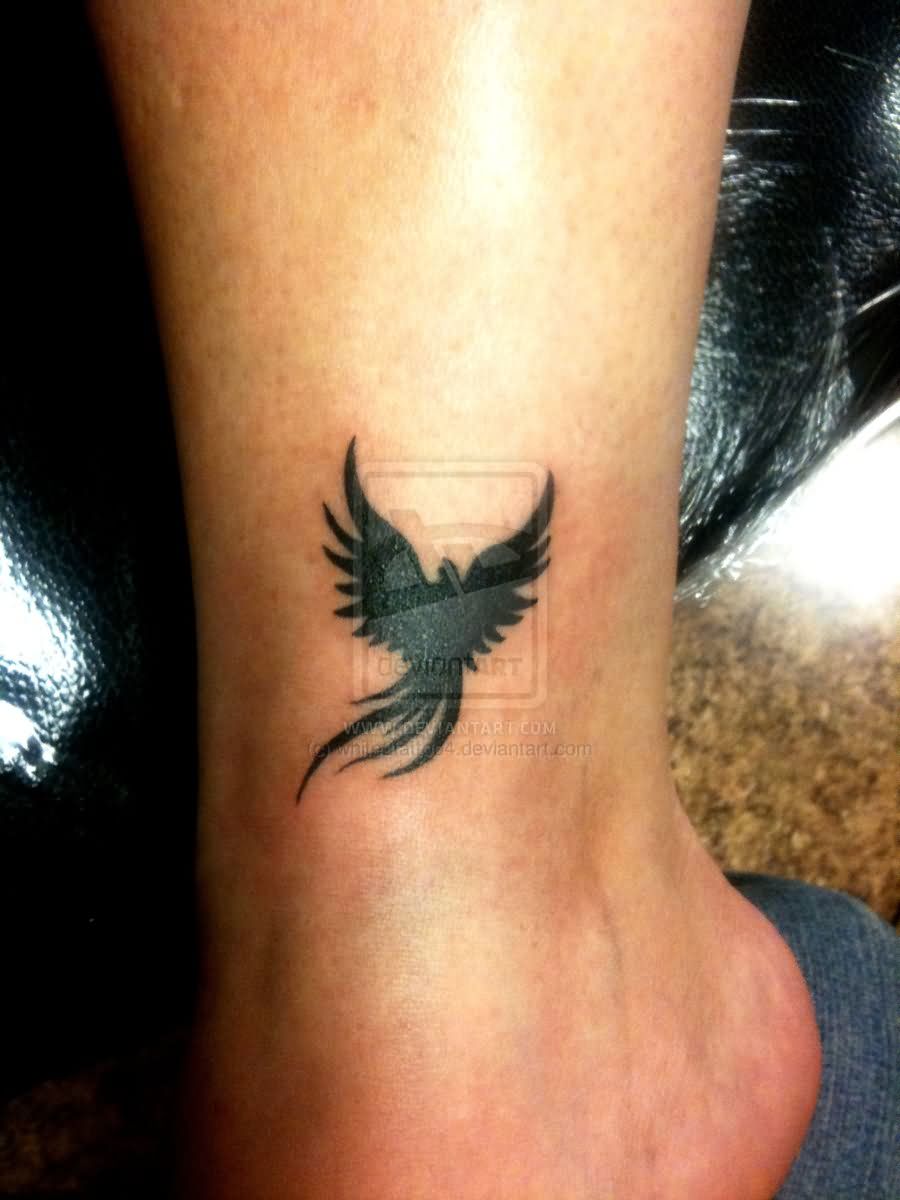 Small Black Flying Phoenix Tattoo On Ankle