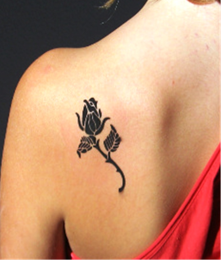 Small Black Rose Tattoo On Girl Back Shoulder