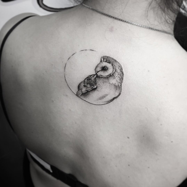 Small Cute Barn Owl Tattoo On Girl Upper Back By Sara Reichardt