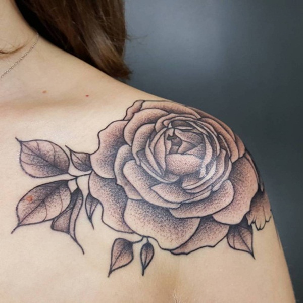 Stunning Black Rose Tattoo On Girl Shoulder