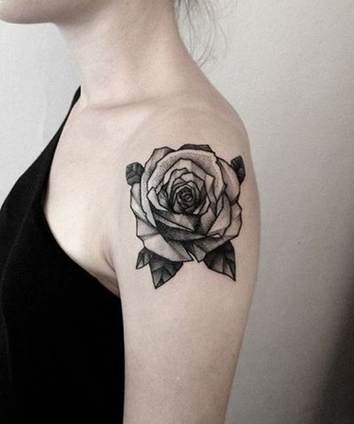 Stunning Black Rose Tattoo On Shoulder Design For Girls