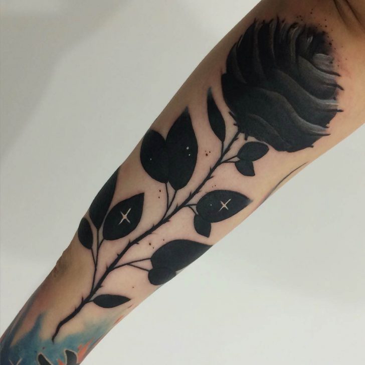 Stunning Dark Black Rose Tattoo On Forearm