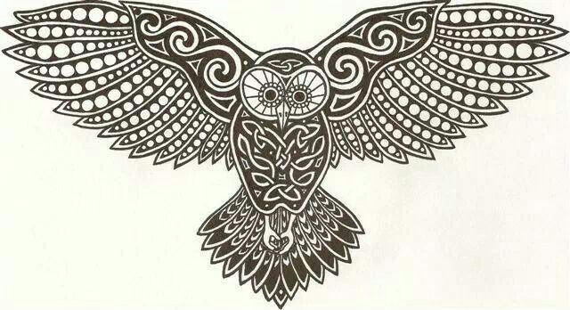 Stunning Open Winged Flying Celtic Owl Tattoo Design