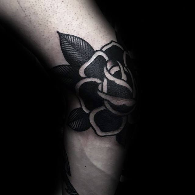 Traditional Black Rose Tattoo On Knee