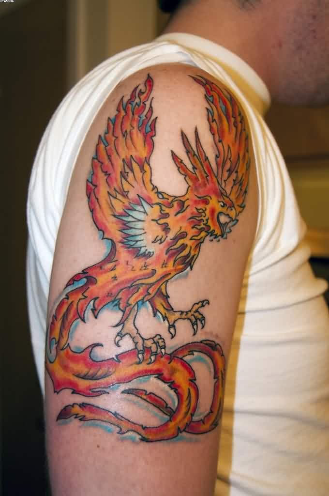 Traditional Orange Flying Phoenix Tattoo On Half Sleeve